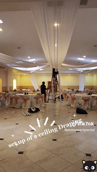 Small video of setting up a ceiling Draping Check us out here on tiktok for more of our work Also, on Instagram, @monaspartyrental For more information contact us here or our numbers English (657)-944-9207 Spanish (714)-867-3977 #familyowned #party #birthdayparty #draping #familybusiness #smallbusiness #partyrentals #drapes #whitedraping #ceilingdraping