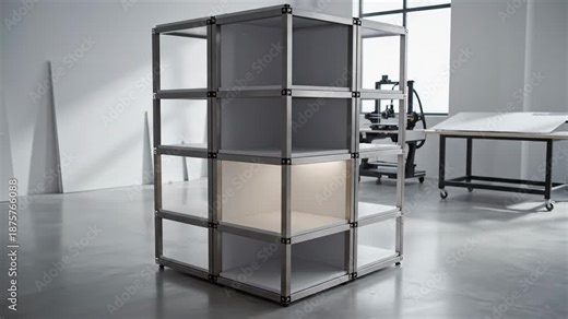 Modern modular shelving units arranged in a clean, contemporary interior space