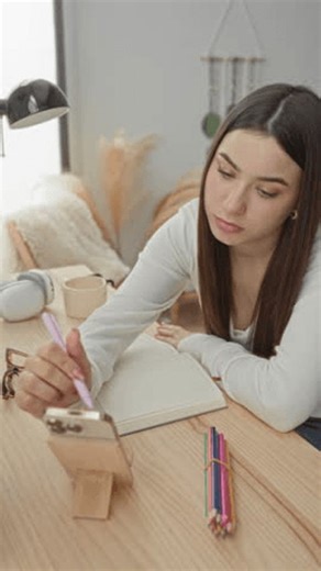 clip-4047483895-young-woman-writes-notebook-while-checking-smartphone