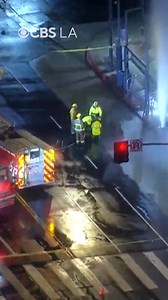 10K views · 73 reactions | A sheared fire hydrant near a Chevron gas station in Tarzana caused structural damage and flooding on Friday morning. SkyCal was overhead as the Los Angeles Fire Department responded to the massive geyser, which caused the gas station's awning to collapse, just before 5:30 a.m. along Ventura Boulevard in Tarzana. | CBS LA | Facebook