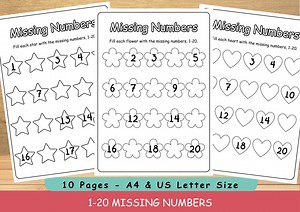 Missing Numbers 1-20 | Math Worksheets for Early Learners | 1st Grade & Preschool Kindergarten Math Practice | Fill in the Blanks Activity - Etsy