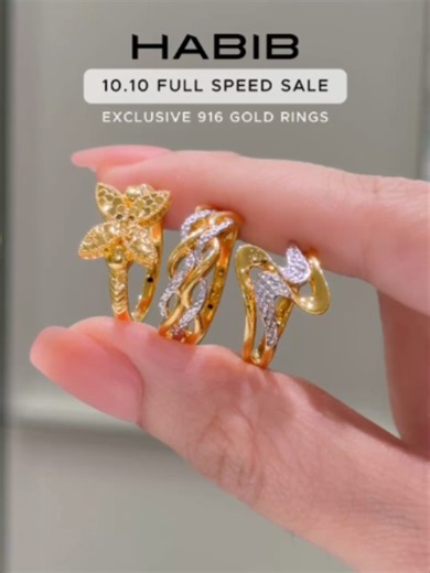 This is your sign to upgrade your outfit with these statement rings. From intricate floral-inspired details to fluid, sculptural designs, these 916 gold rings are designed to add an extra pop of shine to your everyday look. Get them all during the 10.10 Full Speed Sale, exclusively on HABIB TikTok Shop. #HABIB #HABIBJewels #TheGiftofHappiness #Emas916