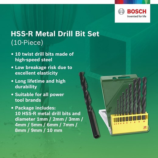 The 10-piece HSS-R Metal Drill Bit Set from Bosch is ideal for precise drilling tasks in alloyed and non-alloyed steel, cast iron, non-ferrous metals and plastics. These twist drill bits are suitable for all power tool brands and have a low risk of breakage due to their excellent elasticity. The package includes 10 HSS-R metal drill bits of diameters 1mm, 2mm, 3mm, 4mm, 5mm, 6mm, 7mm, 8mm, 9mm, and 10 mm. Click on Shop Now to know more. #BoschHGIndia #BoschDrillBitSet #BoschHSSRDrillBitSet #Indi