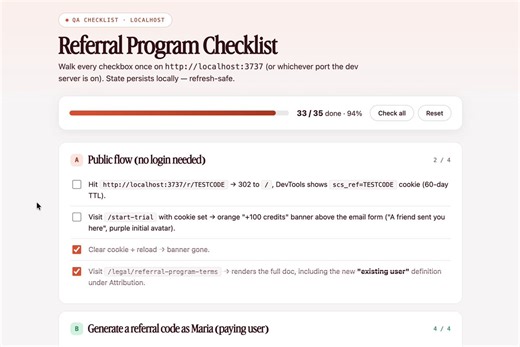 Working on a big feature with Claude/Codex?1. Ask it to make an HTML page checklist2. It gives you specific steps to test the feature3. Doesn't require you to think so hard 😅This takes ~3 minutes to create, saves you a ton of headaches to do QA work.Prompt added below....