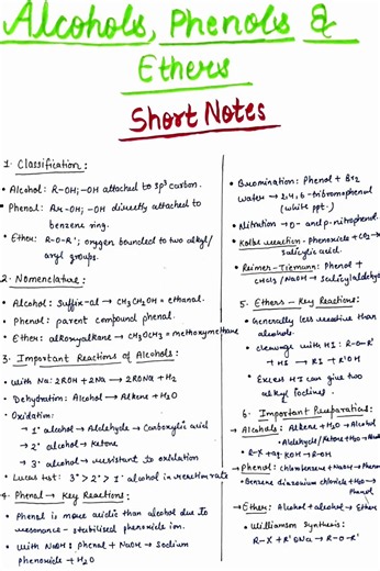 Alcohols, Phenols and Ethers | Short Notes | Class -12 | Chemistry | NCERT | CBSE | Boards | 🔥