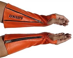 Arm Chaps Leather Protective Sleeves Arm Guard - Prevent Cuts, Scratches & Bruises - Genuine Cowhide - Ideal for Gardening & Construction - Left & Right Form-Fitting. Orange (1 Pair/Large).
