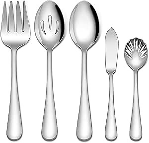 EUIRIO 5 PCS Serving Utensils Set, Large Stainless Steel Spoons Forks, Sugar Spoon and Butter Knife, Great for Hostess Buffet Catering Banquet Party, Mirror Polished, Dishwasher Safe, Silver