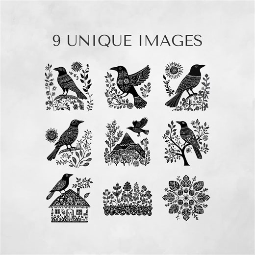 Nordic Folk Art Crows Clipart Pack for Commercial Use, Scandinavian Png, Folk Art Bird, Raven Silhouette, Black and White Image, Crow Motif - Etsy