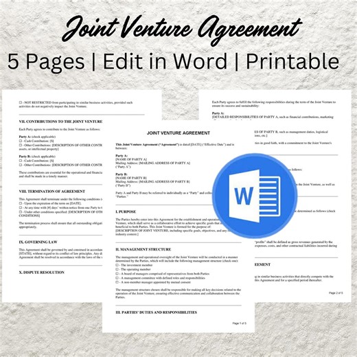 Editable Joint Venture Agreement Template: Business Partnership Contract (word Format, Instant Download - Etsy