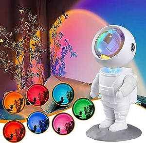 Astronaut Sunset Lamp Projector Light: 7 Colors Mode & Built-in Battery Lights 360° Rotating Head Cosmonaut Lamp for Photography Bedroom Gift for Fathers Day