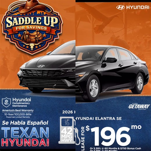 Saddle Up for Savings during the Hyundai Getaway Sales Event. Explore great lease offers on the 2026 Elantra SE, Tucson Hybrid Blue, Santa Fe SE, and 2025 Kona Electric SEL. Efficiency, technology, and value come together for a limited-time opportunity. Call us at (832) 586-8600 www.TexanHyundai.com What makes Hyundai stand out from the competition? America’s Best Warranty, including a 10-year/100,000-Mile Powertrain Limited Warranty, for one. And that’s just the beginning.⁠ #RosenbergTX #KatyTx