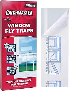 Catchmaster Window Fly Traps 48-Pack, Fruit Fly Traps for Indoors, Disposable Bulk Bug Catcher, Waterproof Insect Glue Trap, Adhesive Strips, Pest Control for Home, Kitchen, & Garage