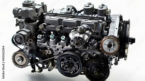 This display highlights a modern automotive engine featuring various components, illustrating the complexity of engine design and engineering in a studio environment