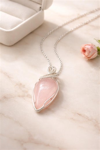 Wire Wrapped Rose Quartz Pendant Necklace, Gift for Her - Etsy