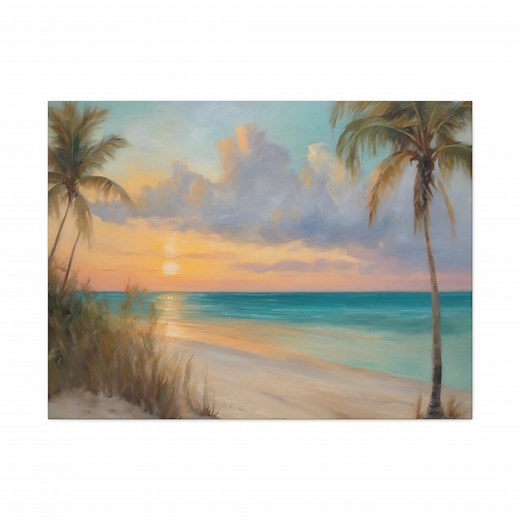 Florida Beach Oil Painting, Sunset Canvas Wall Art, Tropical Palm Tree Print, Coastal Key West Decor, Ocean Landscape, Panoramic Canvas - Etsy