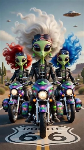 The Stella Sisters riding the mother road 👽 #route66 #rt66 #cartoon #dance #bikers