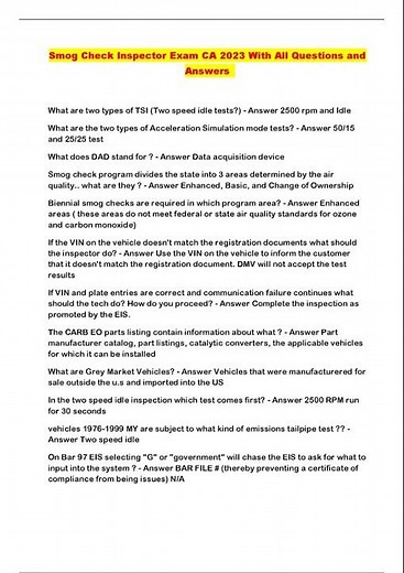 Smog Check Inspector Exam CA 2023 With All Questions and Answers