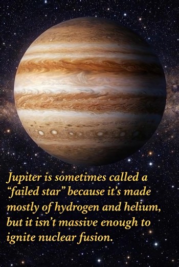 👉Jupiter is sometimes called a “failed star” because it is made mostly of hydrogen and helium—the same basic elements that power stars like our Sun. However, having the right ingredients isn’t enough. Jupiter simply doesn’t have the enormous mass needed to start nuclear fusion in its core, the process that makes stars shine. To truly become a star, Jupiter would need about 75–80 times more mass than it has today. Even to qualify as a brown dwarf—a kind of “in-between” object that can fuse a sma