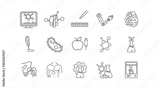 Animated bioengineering line icons. Biotechnology in medicine animation set. Integration of genetic research and technology. Outline elements on white background. HD video with alpha channel