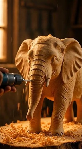 Elderly Artisan Carves Mother & Baby Elephant | Hyper-Realistic Wood Sculpture