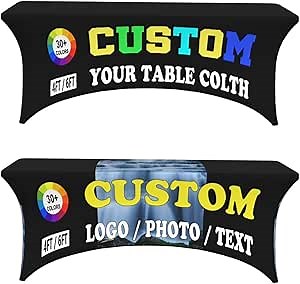 Custom Tablecloth with Logo, Personalized Table Cloth for Business Tradeshow Events Reception Party Birthdays Wedding Anniversary, Stretch Spandex Table Cover Decoratio, 6FT, Black