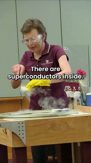 TAMU Physics & Astronomy on Instagram: "All aboard the floating choo choo #train! 🚂💨 Normally, a train stays on the track and experiences friction as it moves. But now, think about a train which can levitate over a magnetic track without any friction or bumps. It would go super fast and only be slowed down by air resistance. The trick is to have superconductors at the bottom of the train. At liquid nitrogen temperature they conduct electric current without any resistance. When they are placed 