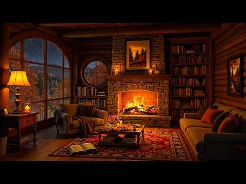 🍂 Cozy Autumn Hut Ambience with Smooth Jazz for Relax, Focus, Sleep | Heavy Rain & Fireplace Sounds