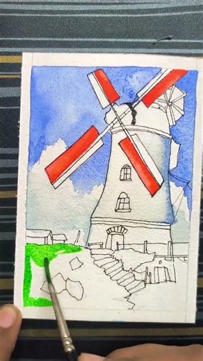 Simple landscape watercolor tutorial windmill scene #watercolor #tutorial #trending #ytshorts #art