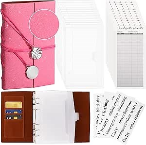 Dunzoom Glitter Money Saving Binder, A6 Budget Binder with 12 Cash Envelopes, 2024 Budget Planner Challenges Book, Receipts Coupon Organizer, Monthly Bill Organizer for Budgeting(Pink)