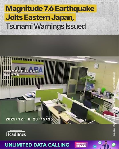 A 7.6-magnitude earthquake struck off Japan’s northeastern coast today at 8:15 p.m. Bangladesh time, triggering tsunami warnings in several coastal regions. Following the quake, the Japan Meteorological Agency (JMA) issued tsunami warnings for Hokkaido, Aomori, and Iwate, warning that tsunami waves of up to 3 meters (10 feet) could reach some areas. The earthquake originated in the Hokkaido region, approximately 81 kilometers north-northeast of Hachinohe and 122 kilometers east-northeast of Aomo