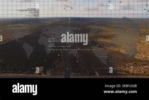 Camera moving forward, center road revealing foreground while overlays shifting, showing geodata. Aerial, arid, grid, map, horizon, vehicle, particles Stock Video Footage - Alamy