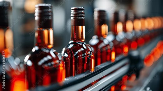 Bottles of whiskey on a production line inside a factory. This manufacturing conveyor at a distillery shows the beverage and alcohol production process. Видео Stock