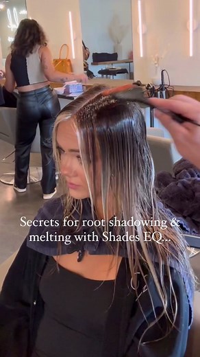 Secrets for root shadowing with @redken Shades EQ 👇👇 1. Shades EQ is an acidic color therefore translucent in nature. When rooting I choose to go one level darker than the clients natural color when trying to achieve tone on tone. 2. Most people root first then apply their global toner. I strongly suggest you try doing your global toner first, rinsing, then apply your root color. This way your root color essentially has an anchor to latch onto instead of a raw highlight. This will give you bet