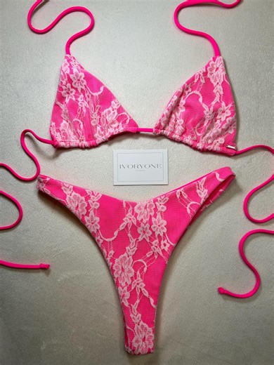 Lace Triangle String Bikini Set in Pink With Thong/cheeky Bottoms - Etsy