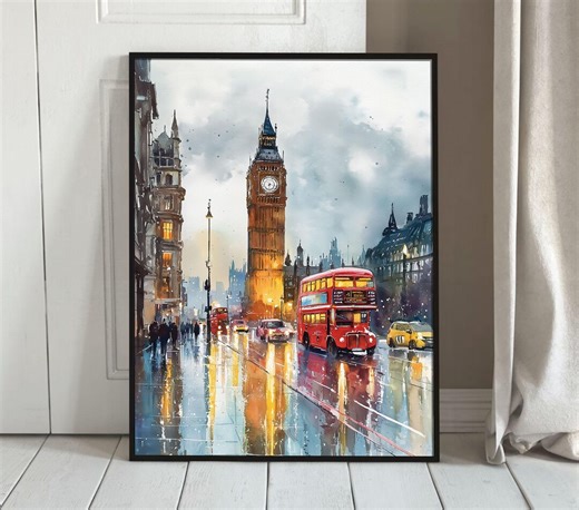 London England Wall Art Big Ben Clock Tower British Aesthetic Poster Vintage Rainy London Travel Print Double Decker Bus Moody Art - Etsy