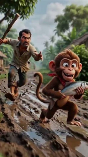 Monkey Run with Fish 🐒🐟#monkey #funny #animation #3danimation #aivideo #funnyanimals #comedy #viral