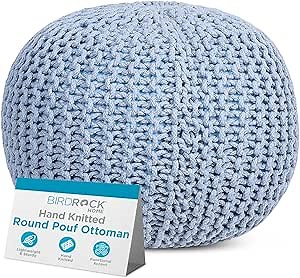 BIRDROCK HOME Round Pouf Ottoman Foot Rest - 18.5”x18.5”x15” Boho Compact Comfortable Soft Cotton Braided Foot Stool Seat with Bean Bag Filling for Living Room or Bedroom (Soft Blue)