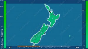 Minimum temperature by month in the New Zealand area with animated legend - glowing shape, administrative borders, main cities, capital. Stereographic projection