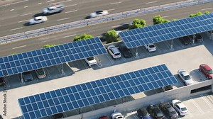 Overhead view of cars parked on the roof of the building with solar panels, Calabasas, Los Angeles, California, USA. Automobiles moving fast on Calabasas 101 highway on the sunny day, 4k footage