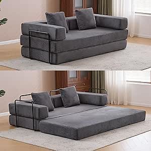 Folding Sofa Bed, Convertible Sleeper Couch Bed, Corduroy Floor Couch with Fixed Frame & Pillows, Memory Foam Fold Out Sofa Bed for Living Room, Bedroom, Apartment, Studios(Gray)