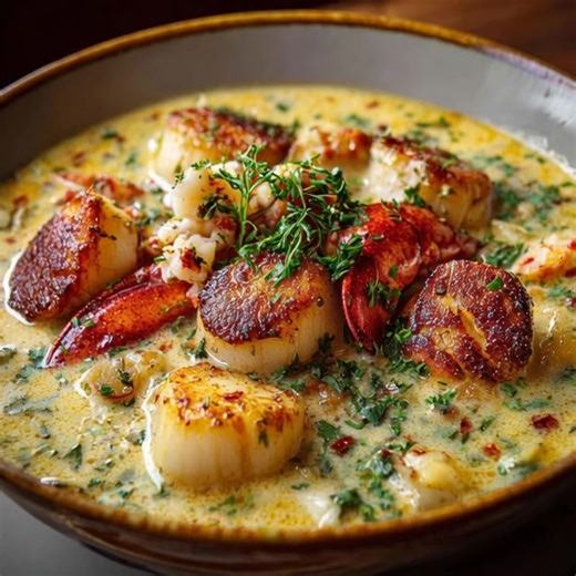 16K views · 85 reactions | Creamy chowder with lobster  , scallops and potatoes , finished with dill and a touch of lemon. ................. Full Recipe  | Cook By Book | Facebook