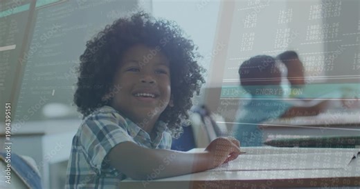 Front-row boy smiling and moving hand, digital overlay appearing and mapping code UI for education