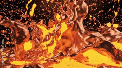 Extreme close-up slow motion shot of glowing molten liquid copper and gold abstract metallic material exploding violently and splashing outward in a viscous burst exploding, fire, foundry
