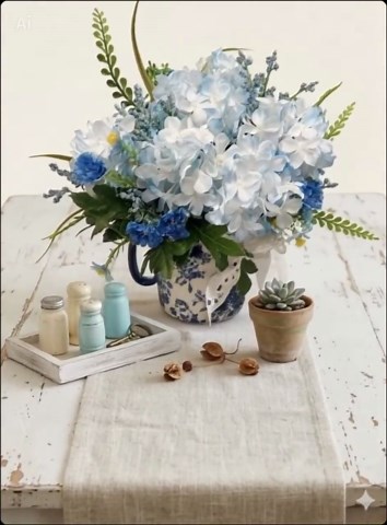 French Country Chinoiserie Floral Arrangement Toile Table Decor Blue and White. Cottagecore - Etsy