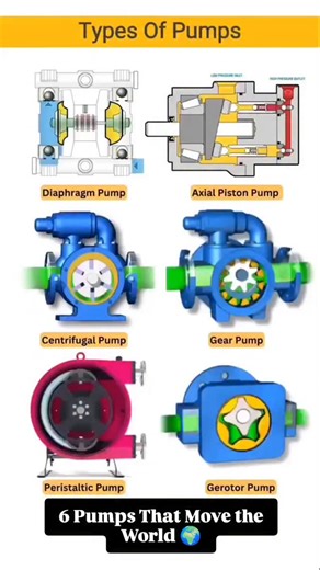 @BIWPlusEngineeringhub on Instagram: "6 Pumps That Move the World 🌍 | Engineering Explained #shorts #tech #engineering #ytshorts #ytshorts Ever wondered how liquids are pumped in engines, factories, hospitals, and machines? This short breaks down 6 essential pump mechanisms used across mechanical and hydraulic engineering. This animation shows six different pump mechanisms, each using a unique physics principle to move fluids: Diaphragm Pump → A flexible membrane oscillates to create suction an