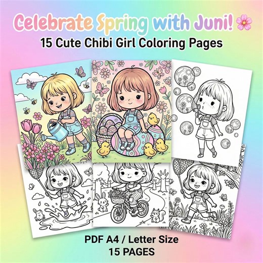 Cute Chibi Girl Coloring Pages, Spring Garden Printable Coloring Book for Kids, Kawaii Anime Character PDF, A4 & Letter Digital Download - Etsy