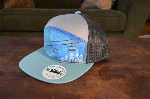 flat brim hat, 6 panel, hand painted, one of a kind, ski lift, fits most heads, ski chair