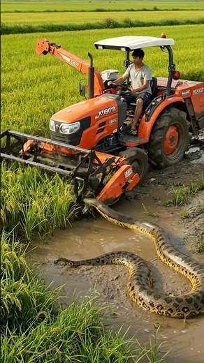 Python hit on harvester #subscribers #shotsfeed #ricefieldtractor #riceharvesting #ricefarming
