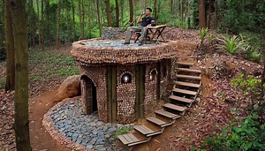 在森林中建造带花园的现代化木屋，夜晚在屋顶烤鸽子，生活如此惬意