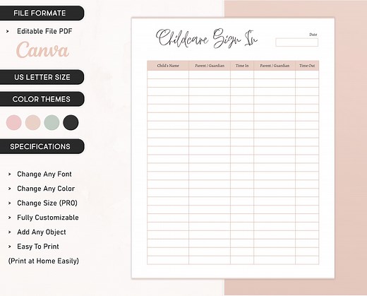Editable Sign in Log, Printable Childcare Daily, Weekly Sign in Sheets for Childcare Centers, Home Daycares and Preschools Attendance Sheet - Etsy